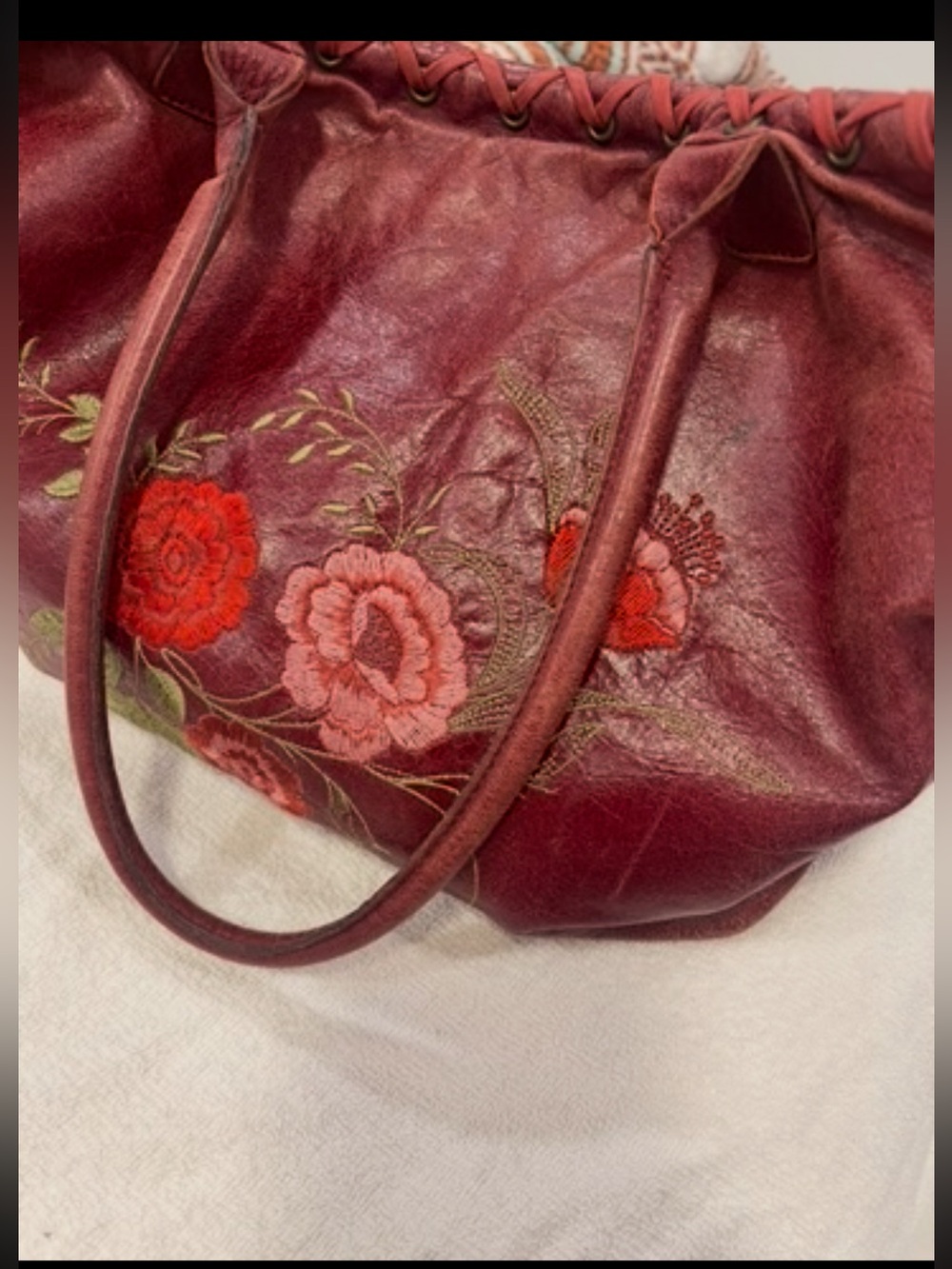 Women’s Burgundy Leather Tote Bag with Floral Embroidery